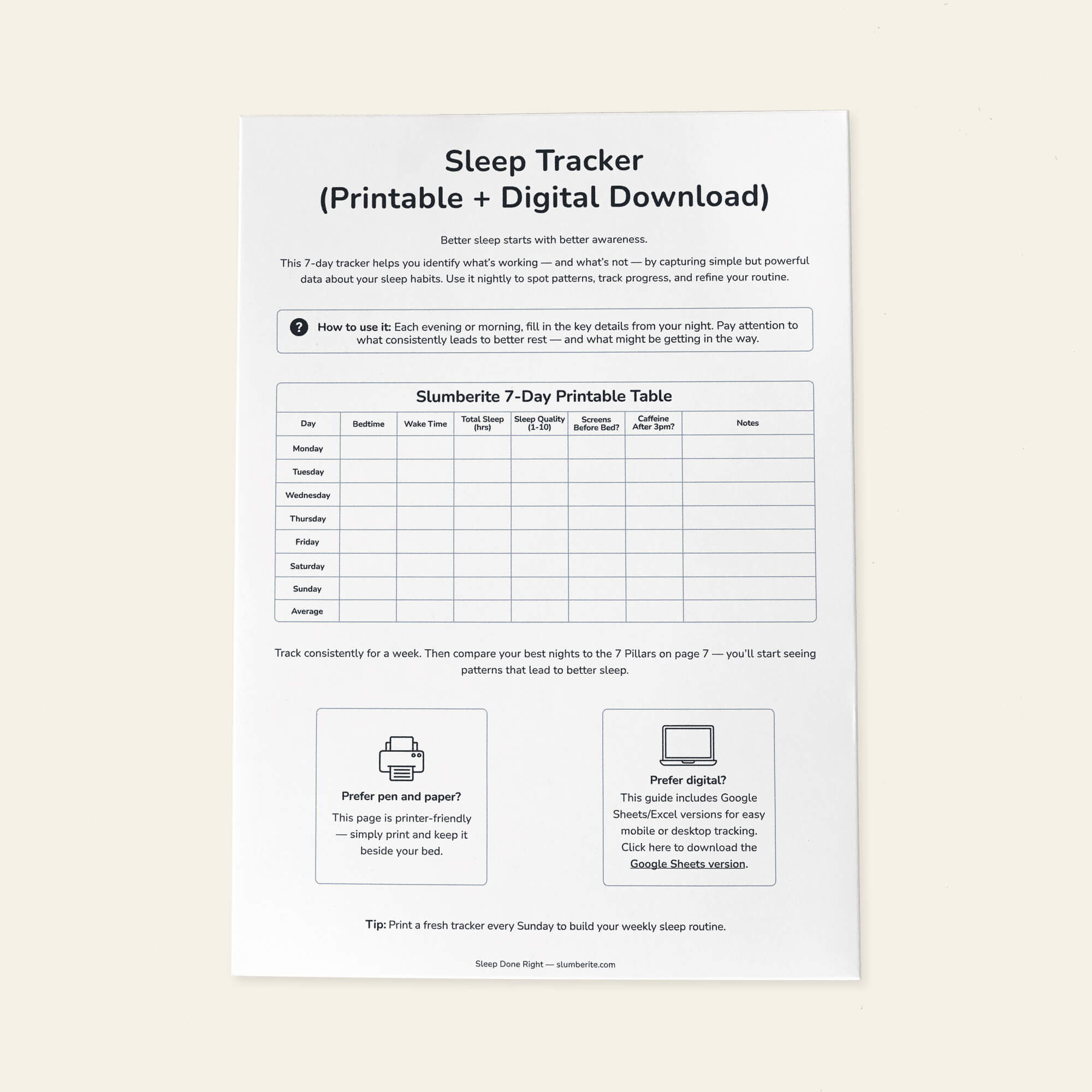 7-Day Sleep Tracker (Digital & Printable)